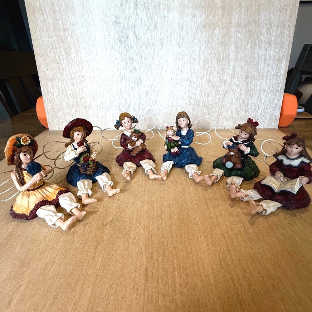 Set of 6 Angel Shelf Sitters Multicolor Folk Art Resin Figurines